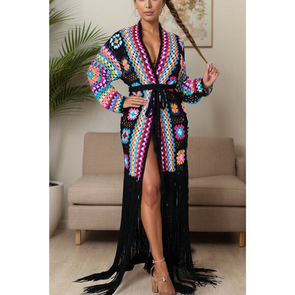 Fringe Tied Long Sleeve Cardigan in Black - Picture 1 of 11
